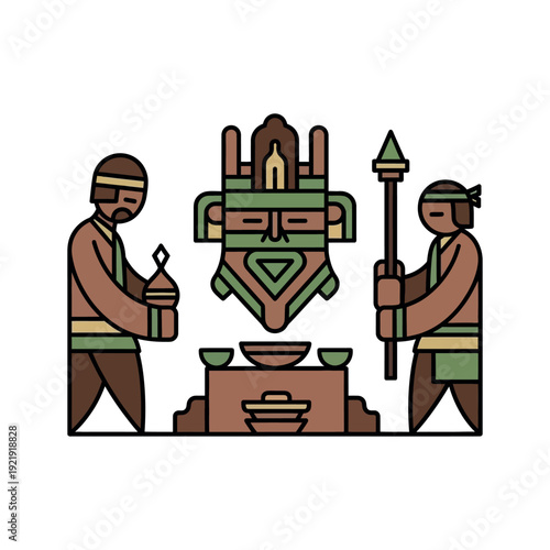 Ancient priests performing ritual ceremony with totem and artifacts in traditional attire illustration