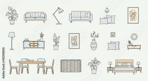 Collection of hand drawn furniture and home decor items.