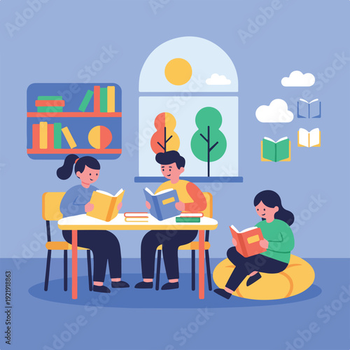 Three young people are engrossed in reading books in a bright, inviting study room with a window view and a well-stocked bookshelf.