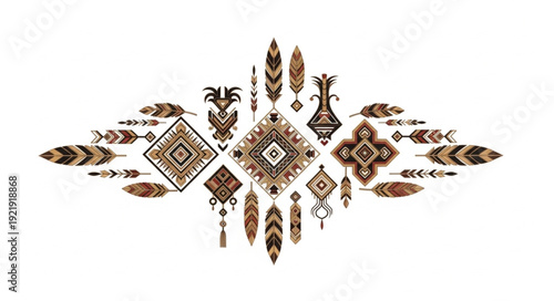 Bohemian tribal pattern with feathers and geometric shapes.
