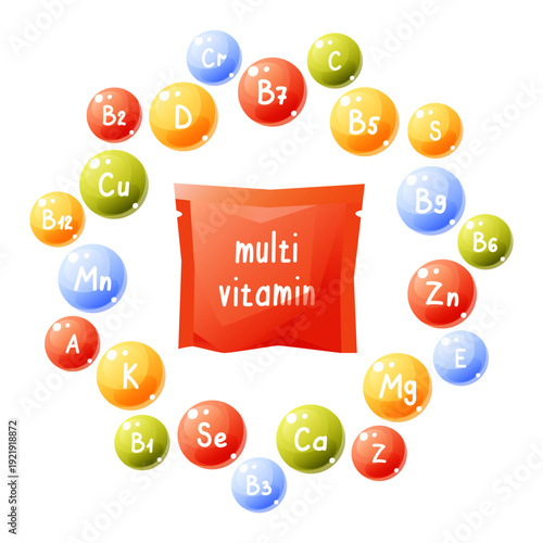Vector round frame of multicolored vitamins and trace elements in the form of bubbles. There are bags of multivitamins in the middle.