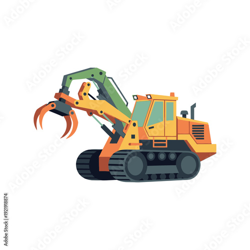 Heavy machinery excavator with orange claw on tracks, industrial illustration