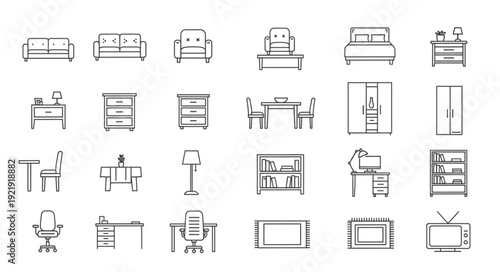 Collection of hand-drawn furniture icons for interior design.