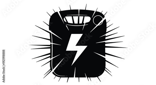 Electric shock icon with lightning bolt symbol on black background with white crack lines and explosion effect