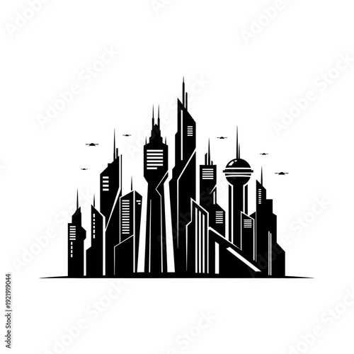 Modern cityscape illustration featuring sleek skyscrapers and urban landscape with birds flying