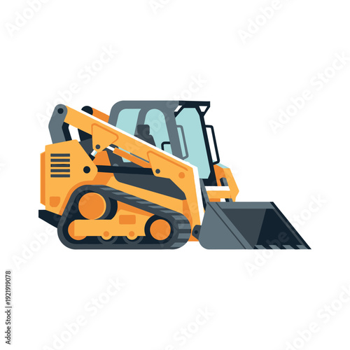 Vector illustration of a yellow skid-steer loader on a white background, showcasing industrial machinery in a clean and modern design.