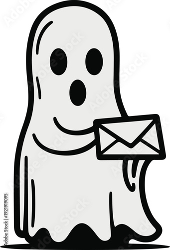 Minimalist ghost line art holding envelope letter, bold black meta outline, thick stroke, pure white background, clean vector 2