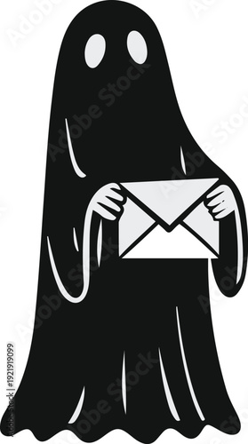 Minimalist ghost line art holding envelope letter, bold black meta outline, thick stroke, pure white background, clean vector 3