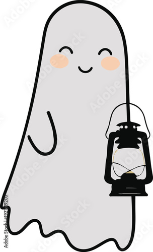 Minimalist ghost line art holding lantern light, bold black meta outline, thick stroke, pure white background, clean vector 1