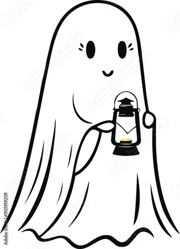 Minimalist ghost line art holding lantern light, bold black meta outline, thick stroke, pure white background, clean vector 2