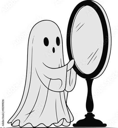 Minimalist ghost line art holding mirror, bold black meta outline, thick stroke, pure white background, clean vector