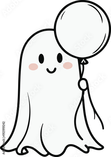  Minimalist ghost line art holding round balloon, bold black meta outline, thick stroke, pure white background, clean vector 1