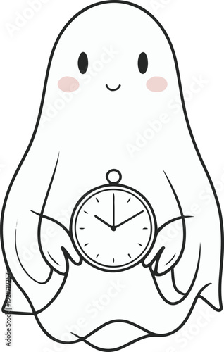 Minimalist ghost line art holding simple clock, bold black meta outline, thick stroke, pure white background, clean vector 1