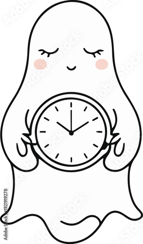  Minimalist ghost line art holding simple clock, bold black meta outline, thick stroke, pure white background, clean vector