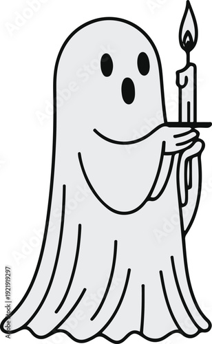Minimalist ghost line art holding single candle, bold black meta outline, thick stroke, pure white background, clean vector 2