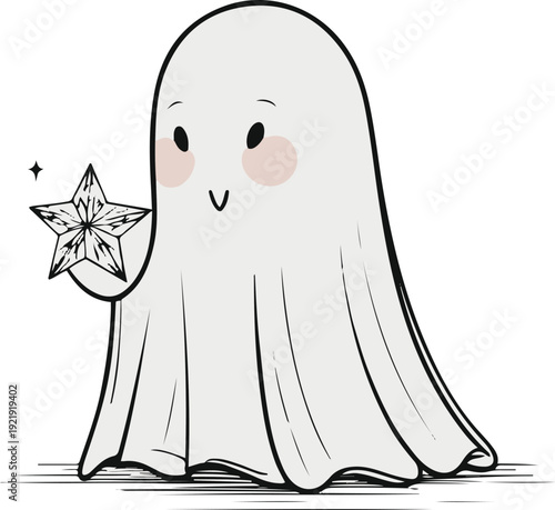 Minimalist ghost line art holding small star, bold black meta outline, thick stroke, pure white background, clean vector 1