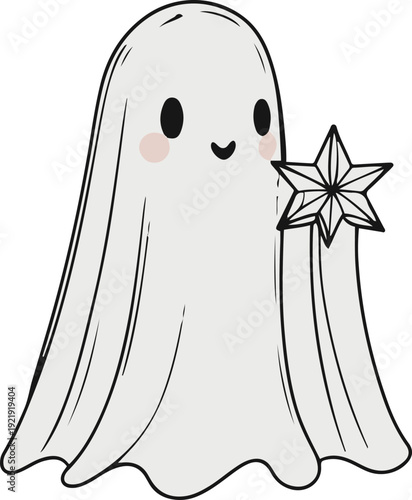 Minimalist ghost line art holding small star, bold black meta outline, thick stroke, pure white background, clean vector 2