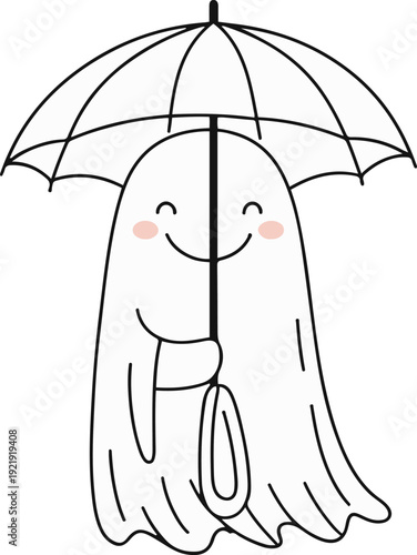  Minimalist ghost line art holding umbrella, bold black meta outline, thick stroke, pure white background, clean vector