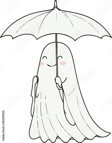 Minimalist ghost line art holding umbrella, bold black meta outline, thick stroke, pure white background, clean vector 2