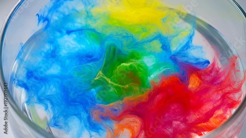 colorful ink dispersing in water within a glass container, artistic representation