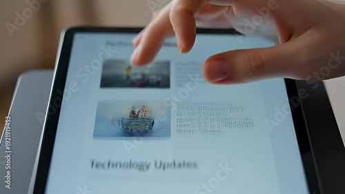 Closeup of a finger interacting with a tablet displaying technology updates