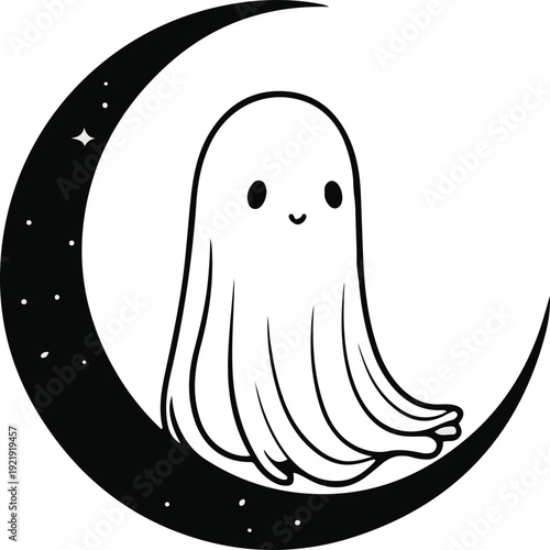 Minimalist ghost line art sitting on crescent moon, bold black meta outline, thick stroke, pure white background, clean vector 2