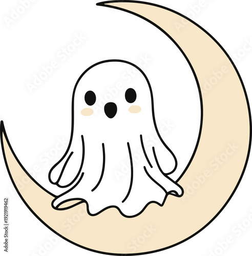 Minimalist ghost line art sitting on crescent moon, bold black meta outline, thick stroke, pure white background, clean vector
