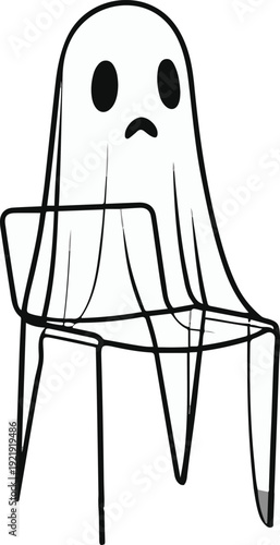  Minimalist ghost line art sitting on simple chair, bold black meta outline, thick stroke, pure white background, clean vector 2