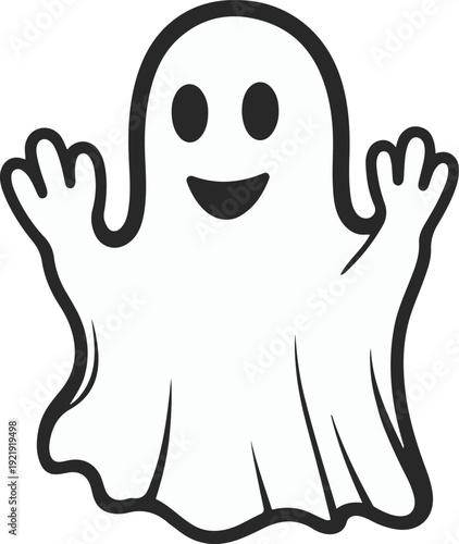 Minimalist ghost line art waving hand hello, bold black meta outline, thick stroke, pure white background, clean vector 1