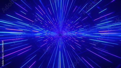 Abstract futuristic blue and purple glowing light trails creating a tunnel effect