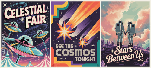 Triptych of retro space posters featuring vibrant galactic scenes: flying saucers, comets, and astronauts under colorful cosmic skies in whimsical, futuristic style.