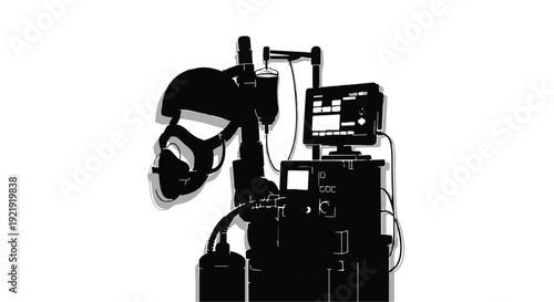 Futuristic robotic machine device silhouette with wires and components on white background for technology and innovation concept