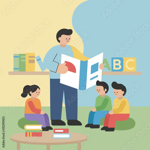 An enthusiastic male teacher engages a diverse group of three young students with an open storybook in a cozy learning environment.