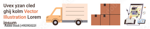 Logistics, delivery services, warehouse operations, supply chain, transportation, inventory management. Truck and boxes with inventory icons. Logistics and delivery services workflow concept