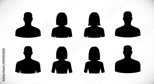 Eight Diverse Silhouette Profile Icons Representing People.