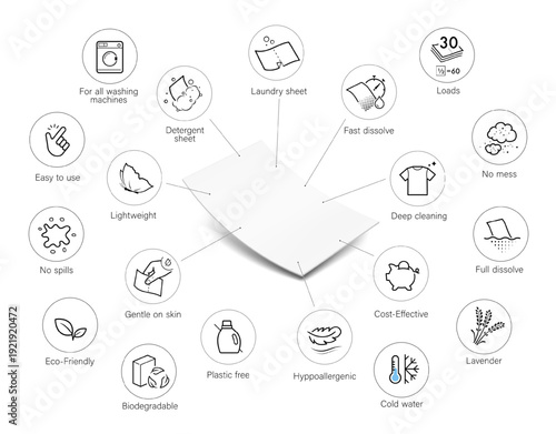 Laundry detergent sheets mockup with set icons. Vector illustration isolated on a white background. The outline icons are well scalable and editable. Can be used to present your product. EPS10.