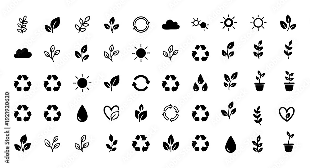 Fototapeta premium Green energy and recycling icons, environmental conservation vector elements