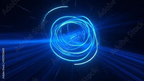 Abstract blue light trails creating an energetic and futuristic swirling vortex design