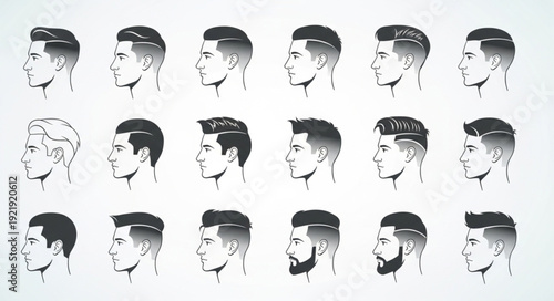 Collection of Male Hairstyles and Beard Styles in Profile View.