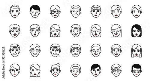 Diverse collection of hand drawn human faces showing different emotions.