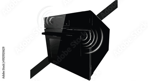 3D black metallic cube with circular pattern and protruding lines, futuristic technology concept, geometric shape, modern design element, abstract background