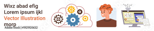 Technology, cloud computation, user authentication, identity verification, digital access, innovation. Gears in a cloud, a user profile and a computer screen. Technology and cloud computation