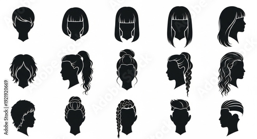 Collection of diverse female hairstyle silhouettes in black and white.