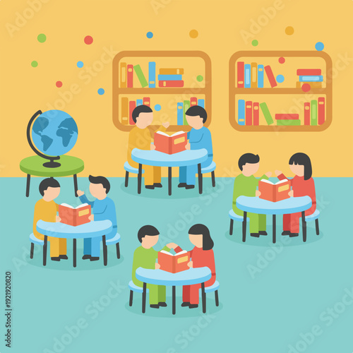 A bright vector illustration showing children and adults reading books at tables in a school or library, surrounded by bookshelves and a globe.