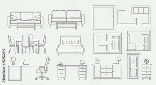 Interior Design Sketches of Furniture and Room Layouts.