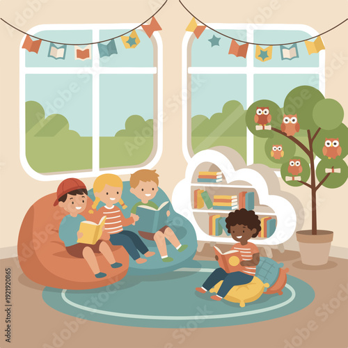 Four diverse children joyfully read books in a bright, cozy room with playful decor and a tree adorned with wise owls, symbolizing learning.