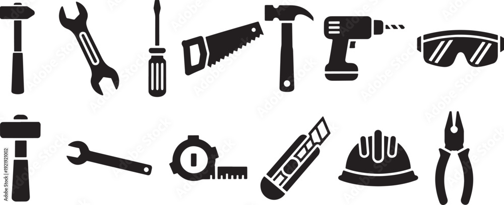 Fototapeta premium Construction Tools Icon Set – Hammer, Wrench, Saw, Drill, Goggles, Screwdriver, Tape, Hard Hat, Repair Equipment