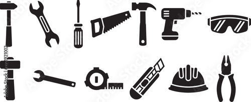 Construction Tools Icon Set – Hammer, Wrench, Saw, Drill, Goggles, Screwdriver, Tape, Hard Hat, Repair Equipment