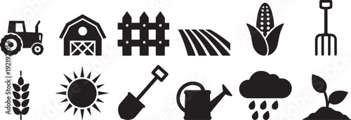 Farm Life Icon Collection – Barn, Fields, Rain, Plant Growth, Tractor, Fence, Corn, Wheat, Watering Can, Soil