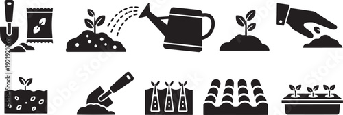 Gardening Tools and Plant Care Icon Set, Shovel, Watering Can, Soil, Plants, Seeds, Sprout, Growth